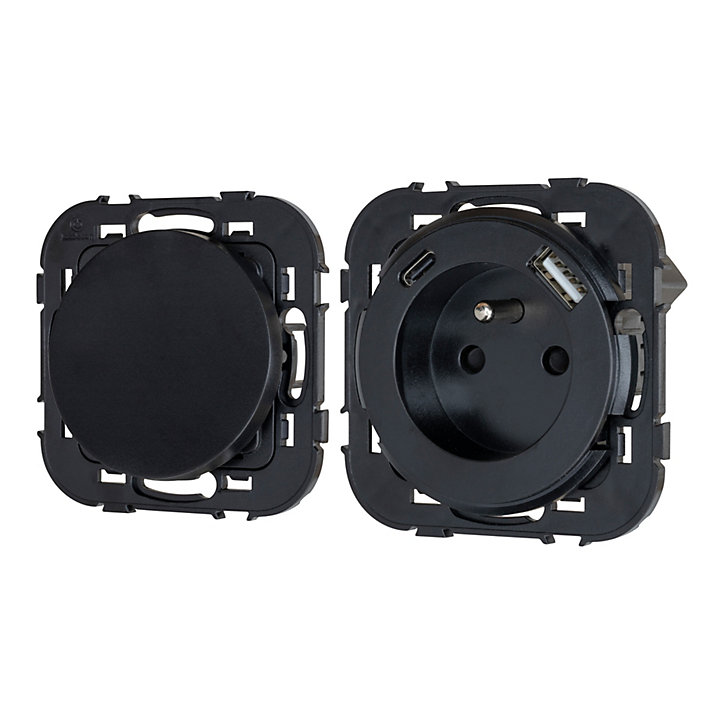 Ensemble double interrupteur + 1 prise avec terre affleurante + 1 prise USB-A+C Jacobsen Espen noir composable