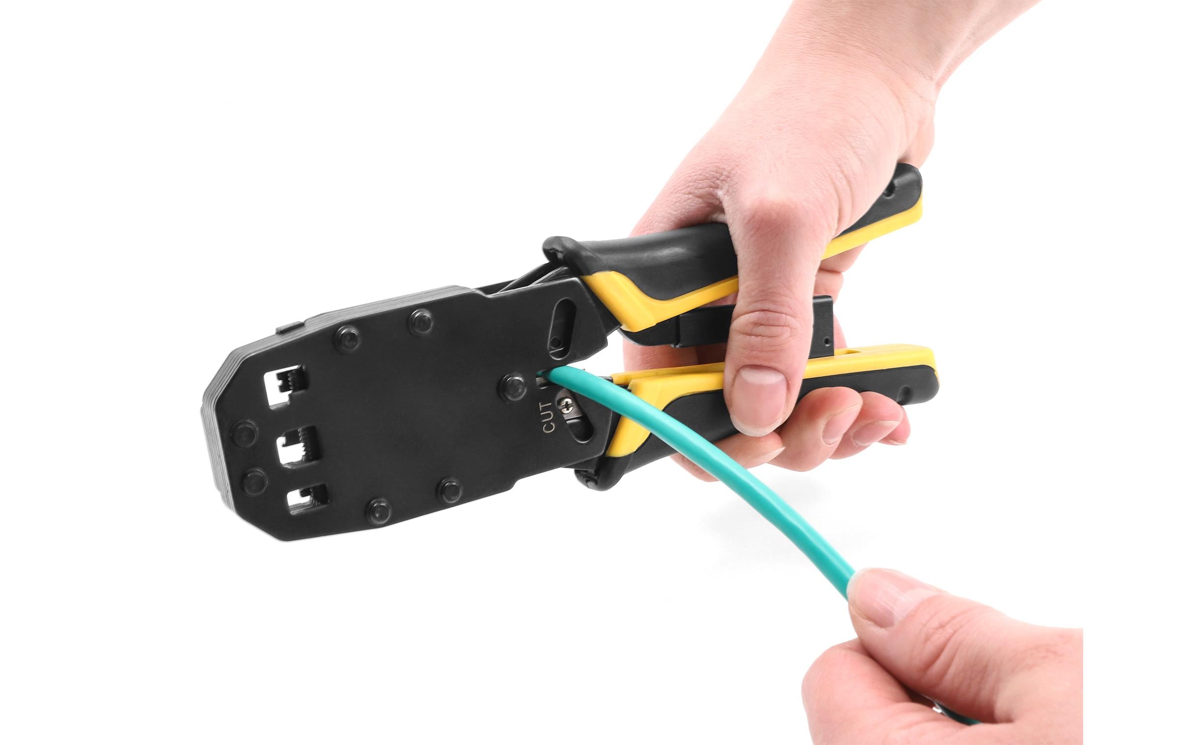 Crimpzange für RJ50, RJ45, RJ12/11, 6P DEC, 4PDelock Universelle Crimpzange mit Abisolierer für 10P (RJ50), 8P (RJ45), 6P (RJ12/11), 6P DEC oder 4P Modular Stecker