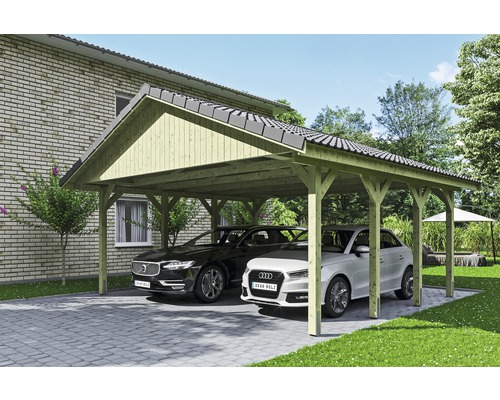 SKAN HOLZ Wallgau dubbele carport inclusief daklatten en H-paalankers, 620 x 600 cm, geïmpregneerd