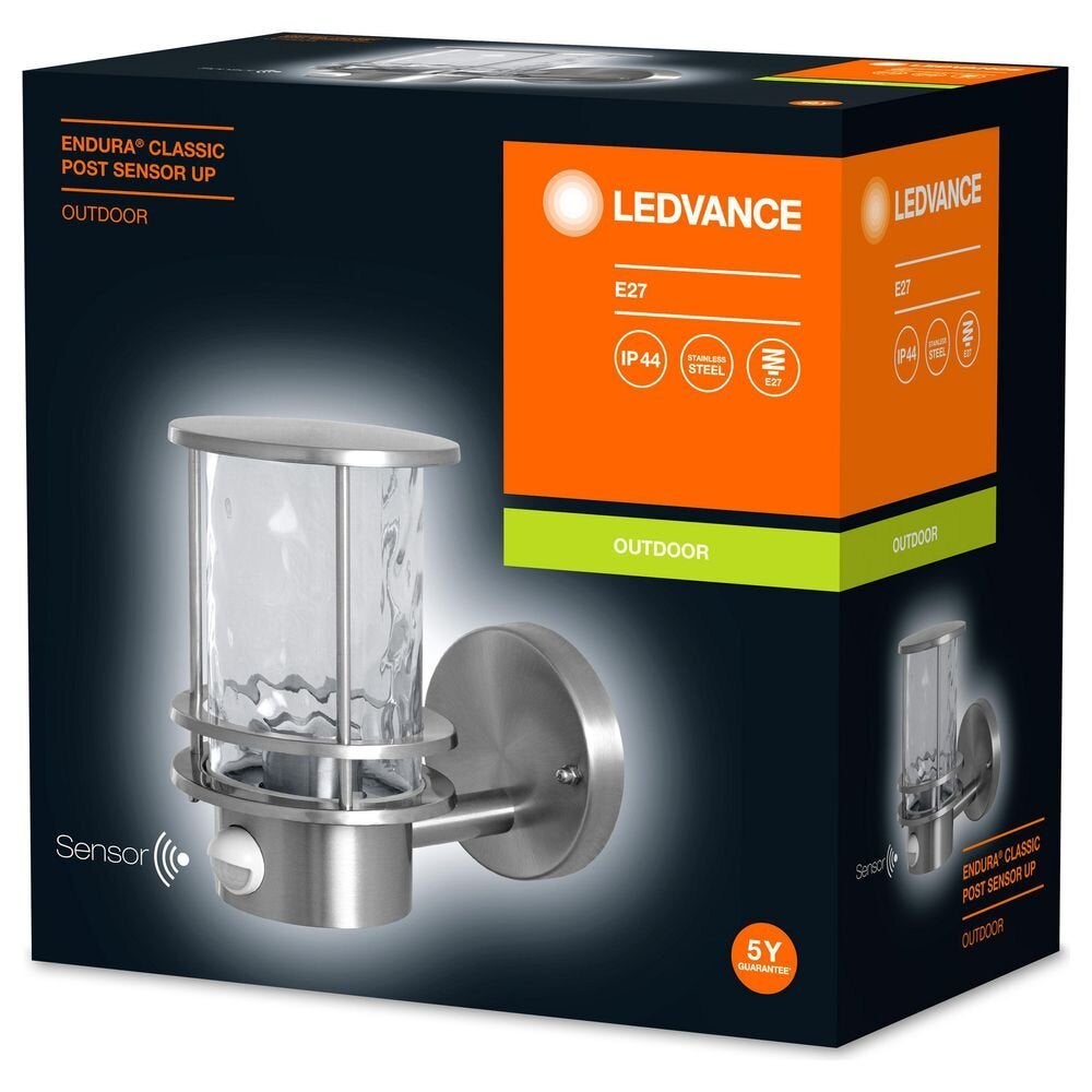 Wandlamp Endura in zilver en transparant E27 IP44 met bewegingsmelder