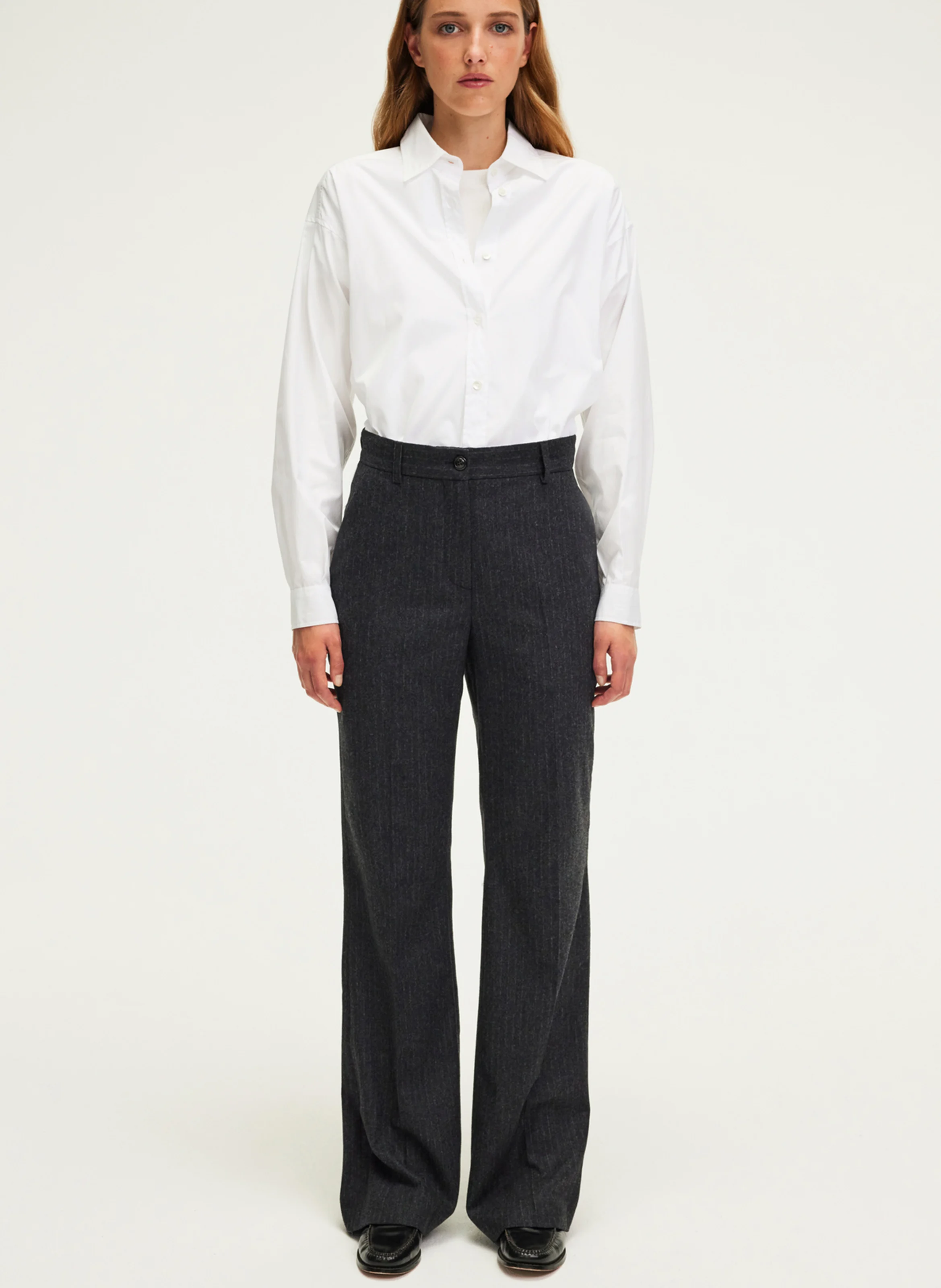 NATAELLE - Pantalon large rayé en laine mélangée | Gris