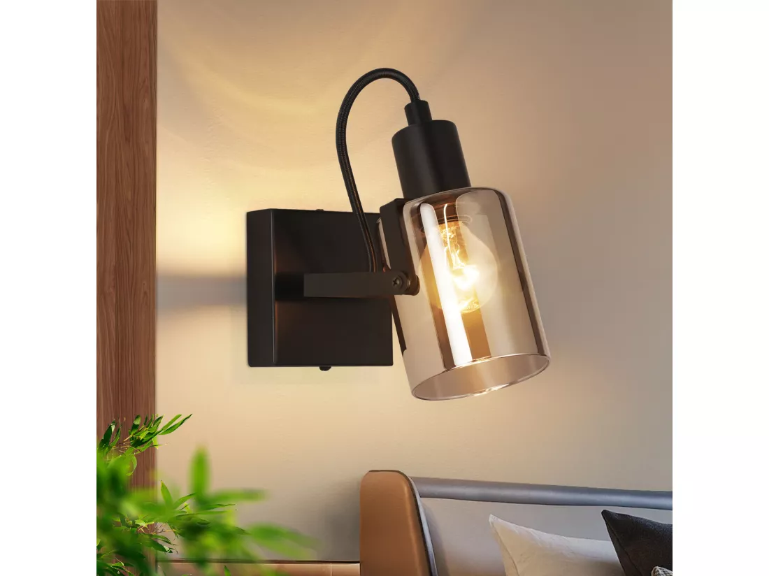 NETTLIFE Spot de plafond plafonnier vintage noir Plafonnier rétro en verre gris fumé 1 lampe E14