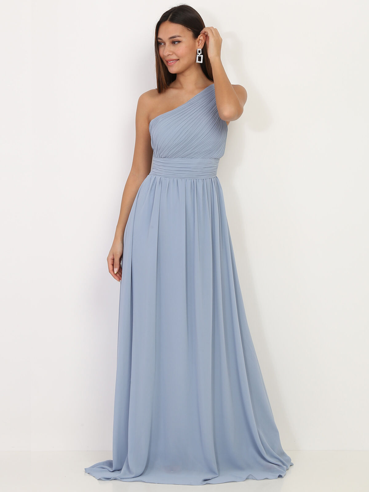Robe longue drapée one shoulder- Bleu givré