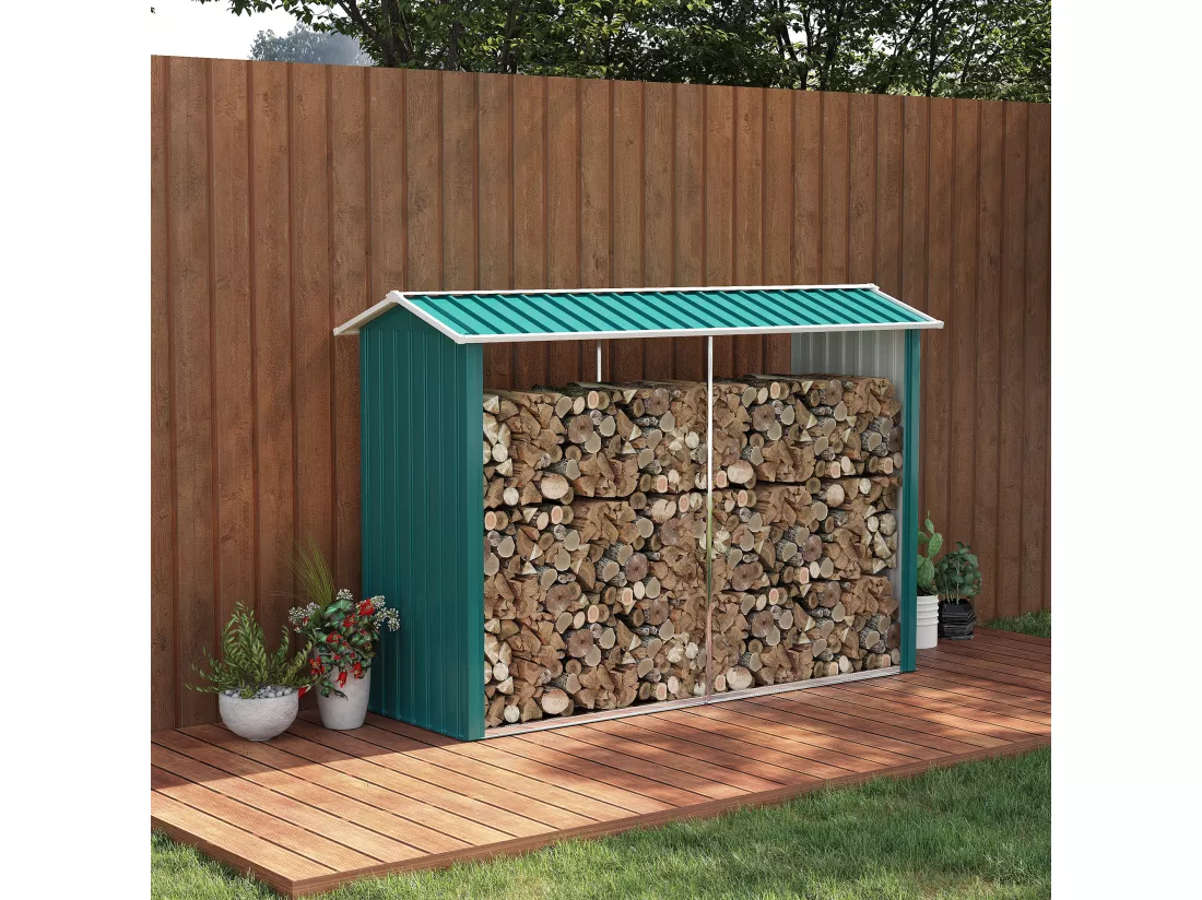 Abri bûches de stockage pour bois de chauffage - 240L x 86l x 160H cm - tôle acier galvanisé vert