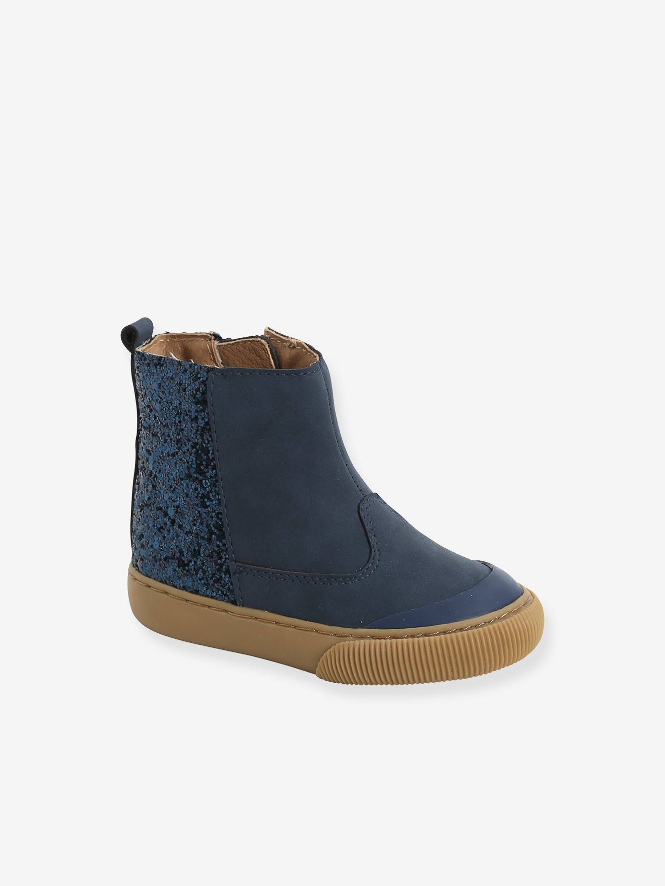 Sapatinhos elegantes com zíper para bebê menina, lisos, azul-escuros com estampas.