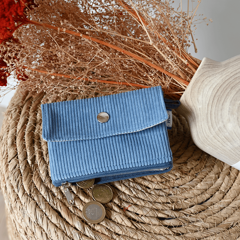 Mini Pochette Porte-Monnaie Velours Côtelé Bleu Azur