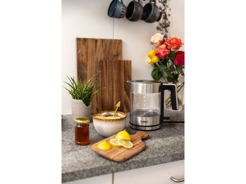 FURBER Wasserkocher Vetro 1.7 l, Silber/Transparent Wasserkocher mit 360°-Sockel mit Kabelaufwicklung
