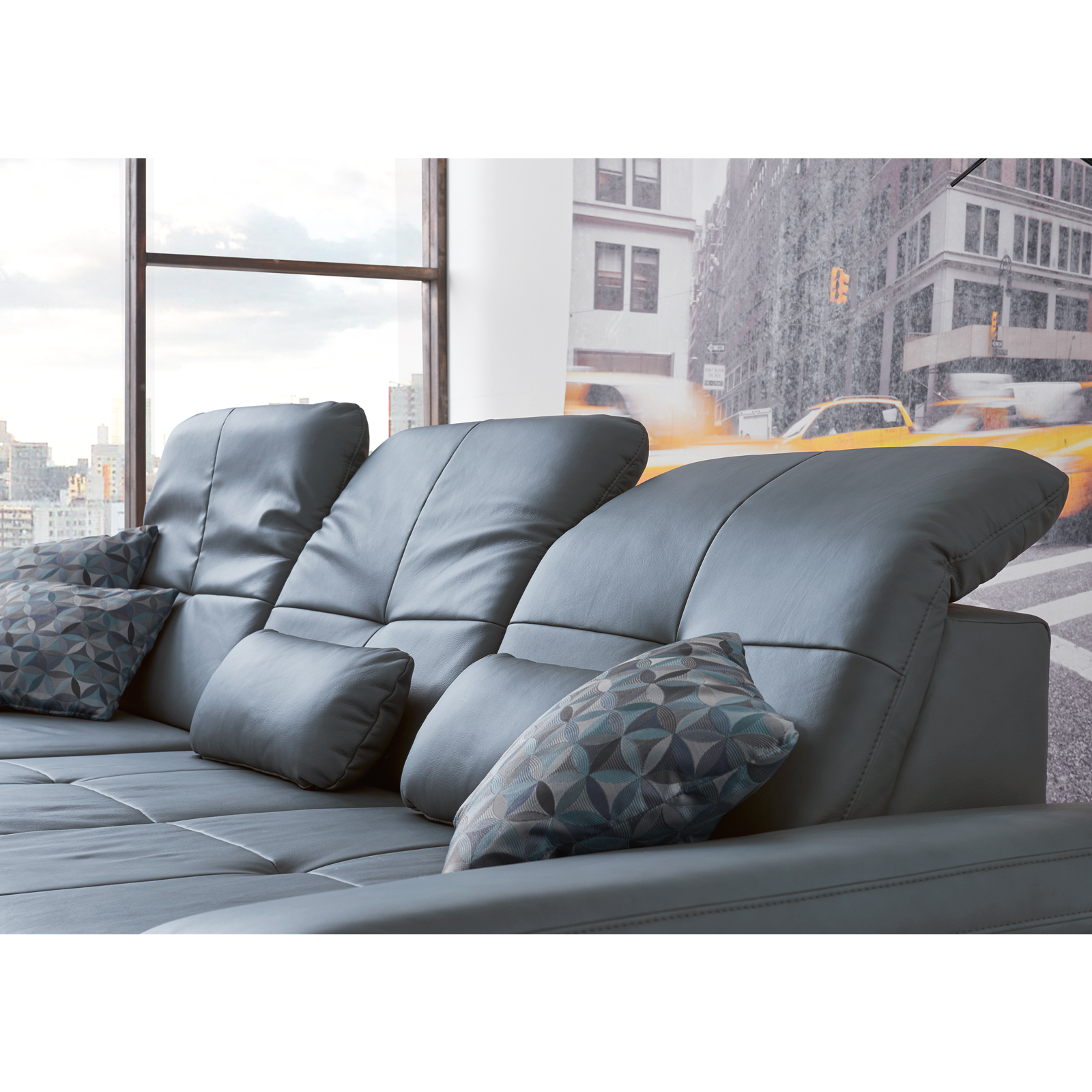 polsterpower Ledersofa - blau - Basismodell - Ottomane links