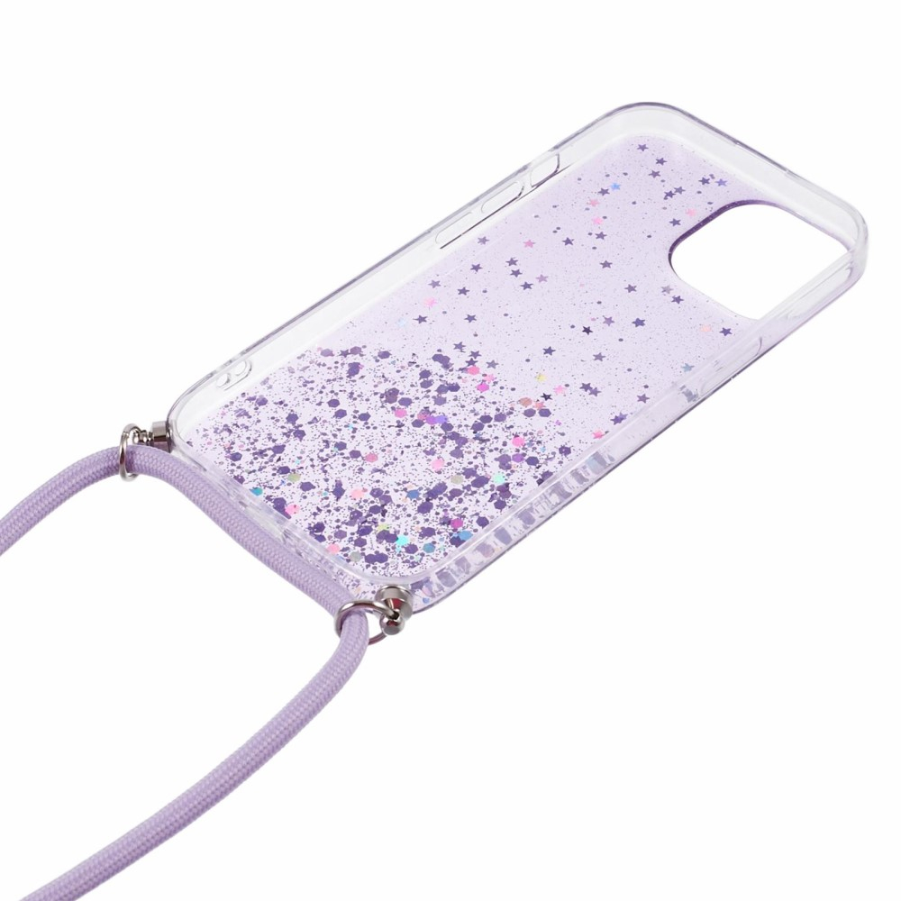 iPhone 12 / iPhone 12 Pro Necklace Gummi Hülle im Glitzer Design   Handykette (140cm) - Lila / Transparent