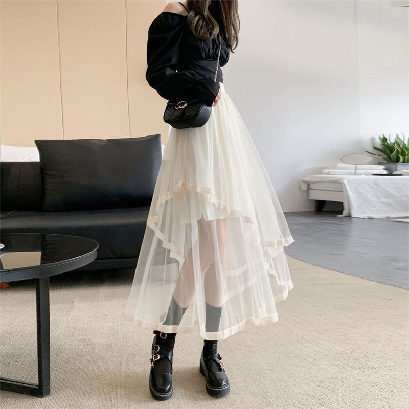 Sisyphi - Asymmetrische gelaagde midi-A-lijn rok met hoge taille en mesh