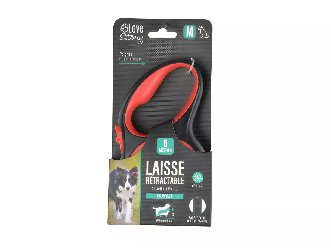 Laisse rétractable avec sangle réfléchissante - Rouge et Noir - Taille M - 5 mètres
