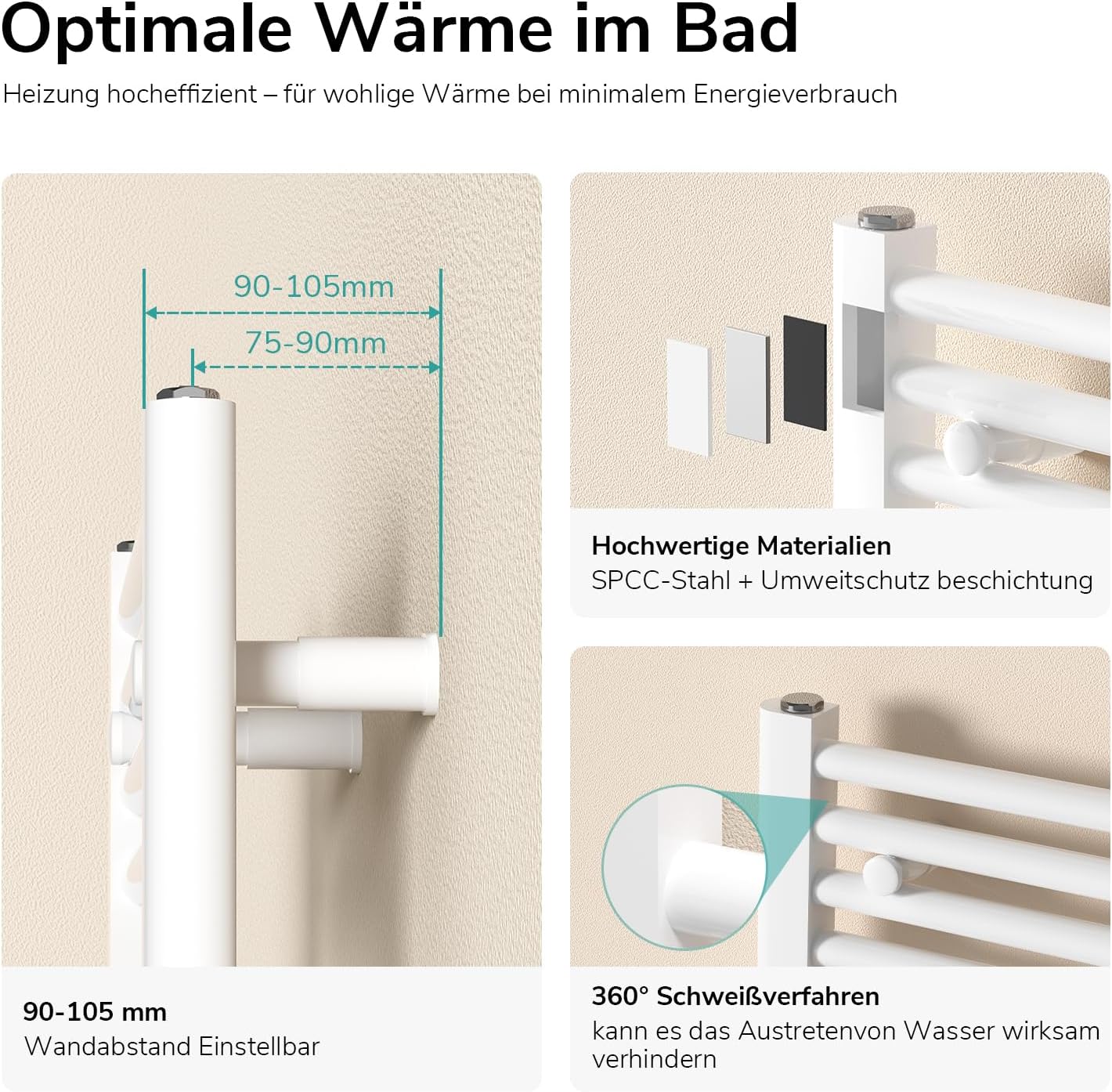 EMKE Badheizkörper Gerade 1800x500 mm - Handtuchheizkörper mit Mittelanschluss, Effizienter Handtuchwärmer Handtuchtrockner Heizkörper für Bad, Weiß, 739W