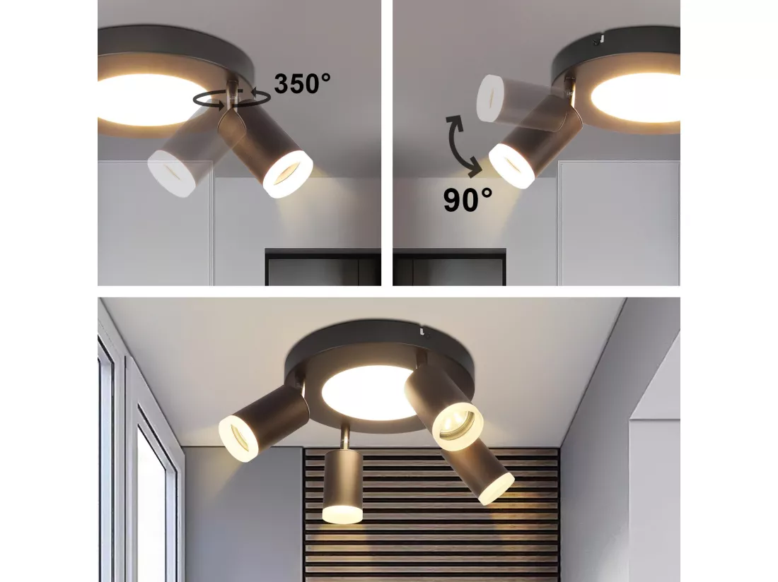 NETTLIFE Spot de plafond 4 ampoules GU10 20W chambre 3000k noir Pivotant Pivotant en métal à 350°