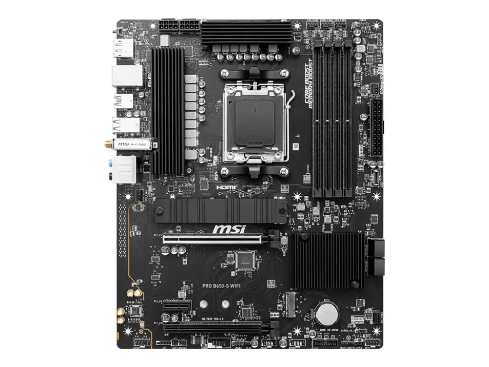 MSI PRO B650-S WIFI - Bundkort - ATX - Socket AM5 - AMD B650 Chipset - USB 3.2 Gen 1, USB 3.2 Gen 2, USB-C 3.2 Gen2, USB-C 3.2 Gen 2x2 - 2.5 Gigabit LAN, Wi-Fi 6E, Bluetooth - onboard grafik (CPU påkrævet) - HD Audio (8-kanaler)