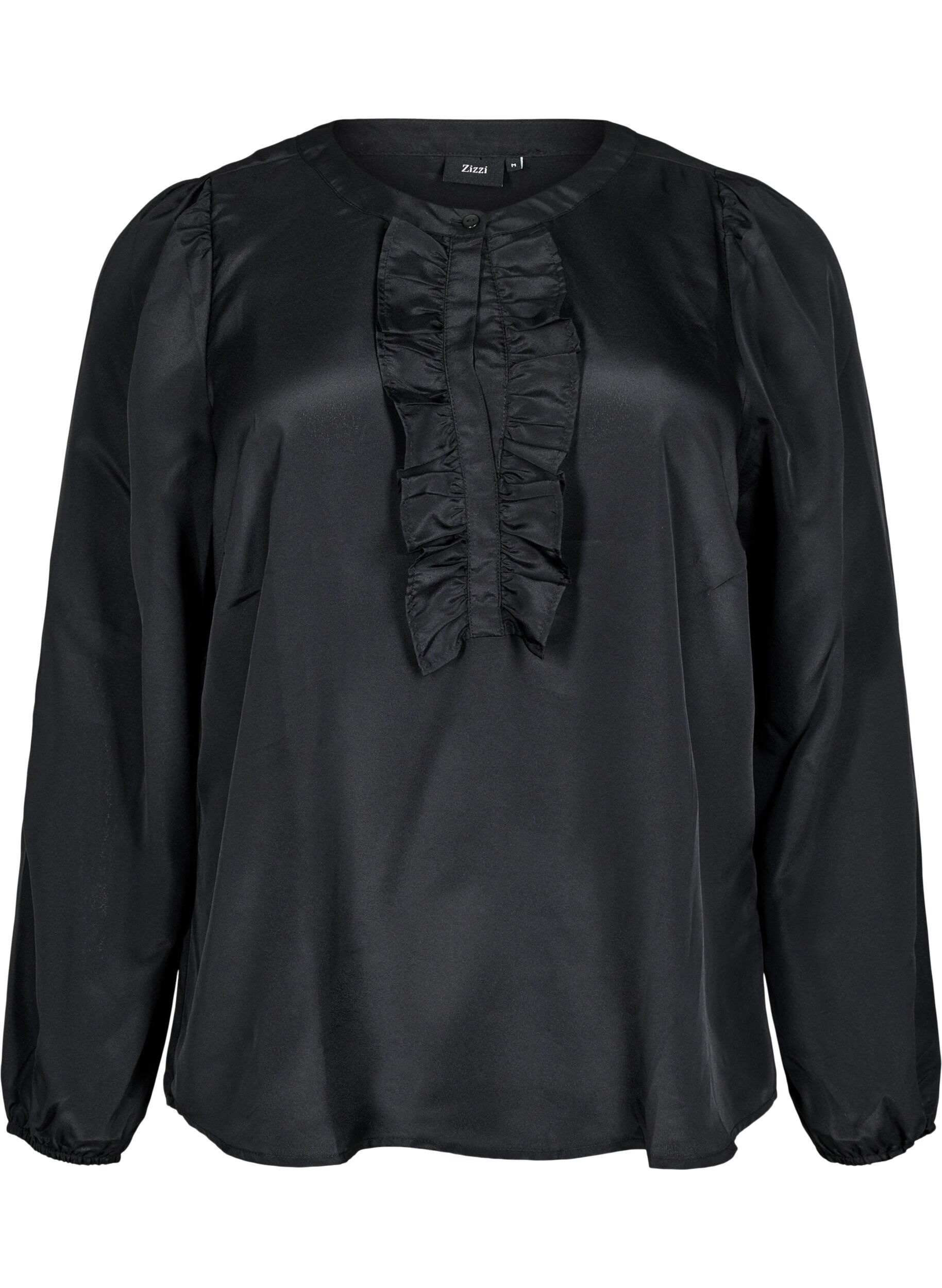 Satinbluse med flæsedetalje