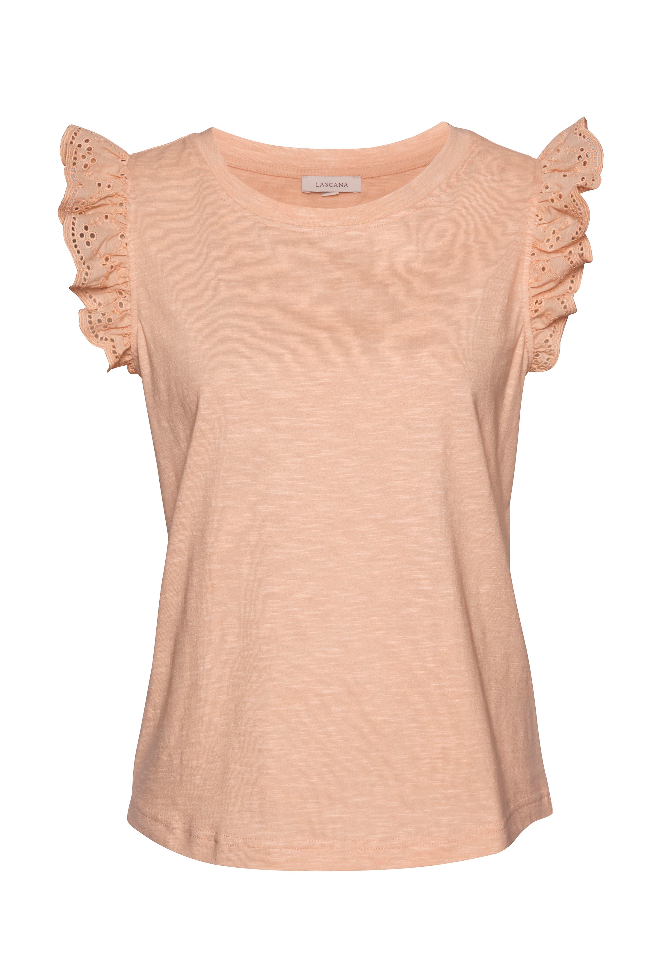 LASCANA Shirttop , mit Rüschenärmeln aus Spitze, Damentop aus Baumwolle