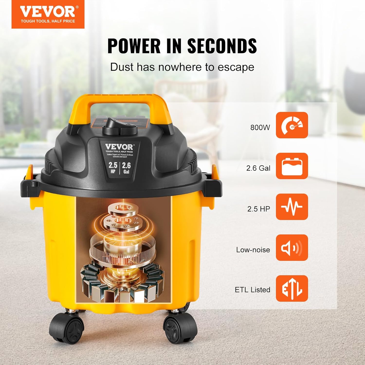 VEVOR Aspirateur eau et poussière 10 L, aspirateur d'atelier sec humide portable léger, 2,5 CV max, aspiration et soufflerie efficaces avec buse, roulettes, pour tapis, débris, poils d'animaux, jaune : Cuisine et Maison