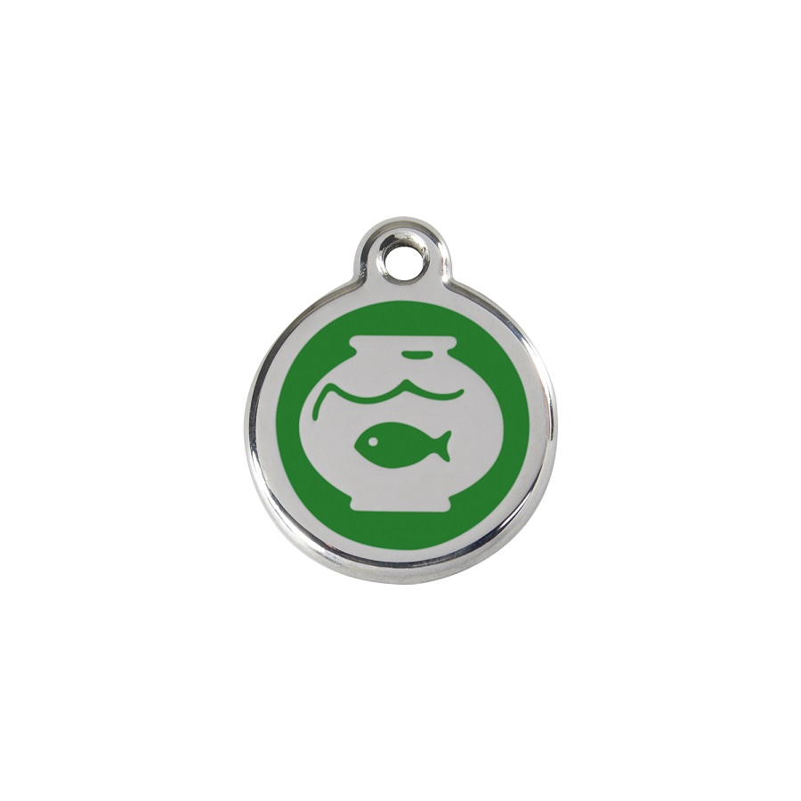 Etiqueta de identificação para gatos em aço inoxidável esmaltado verde, formato de aquário.