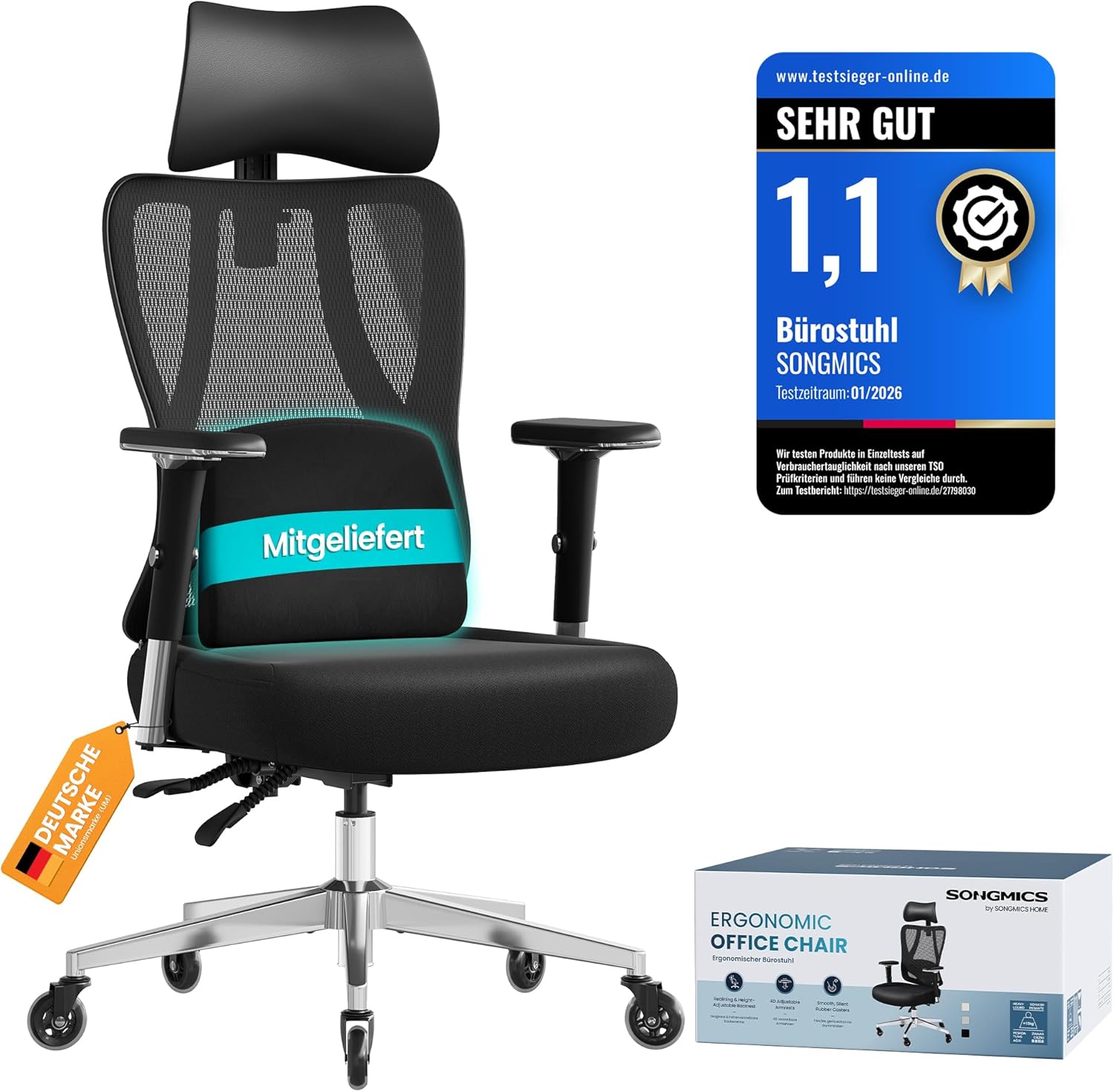 SONGMICS Bürostuhl ergonomisch, Schreibtischstuhl, Gaming-Stuhl, verstellbare Lenden-, Kopfstütze, Armlehnen, für Verschiedene Körpergröße, bis zu 150 kg belastbar, tintenschwarz OBN067BH01