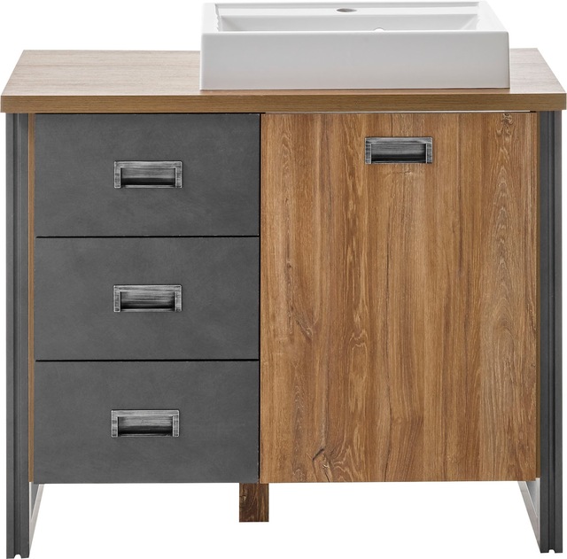 Home affaire Waschtisch »Detroit, Unterschrank mit Apothekergriff, Badschrank, Industrialdesign« Eiche Dekor, mit Stauraum, inkl. Mineralguss-Waschbecken, Breite 91 cm