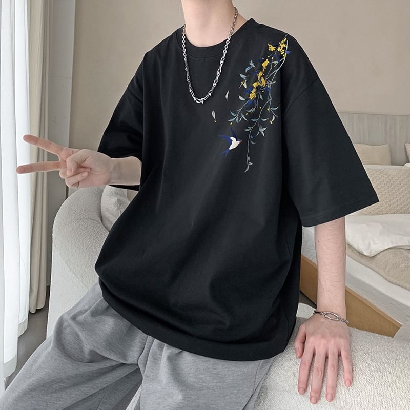 Lingaris - T-shirt met korte mouwen, ronde hals en vogelprint