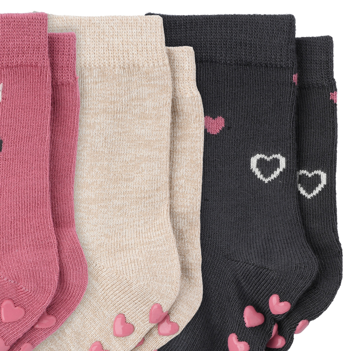 Topomini 3 Paar Baby Stoppersocken mit Herz-Motiven beere / beige / dunkelgrau
