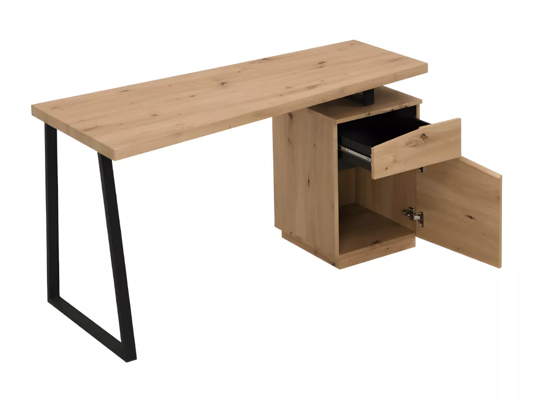 Bureau GOTAMA - 1 tiroir et 1 porte - MDF et acier - Chêne et noir