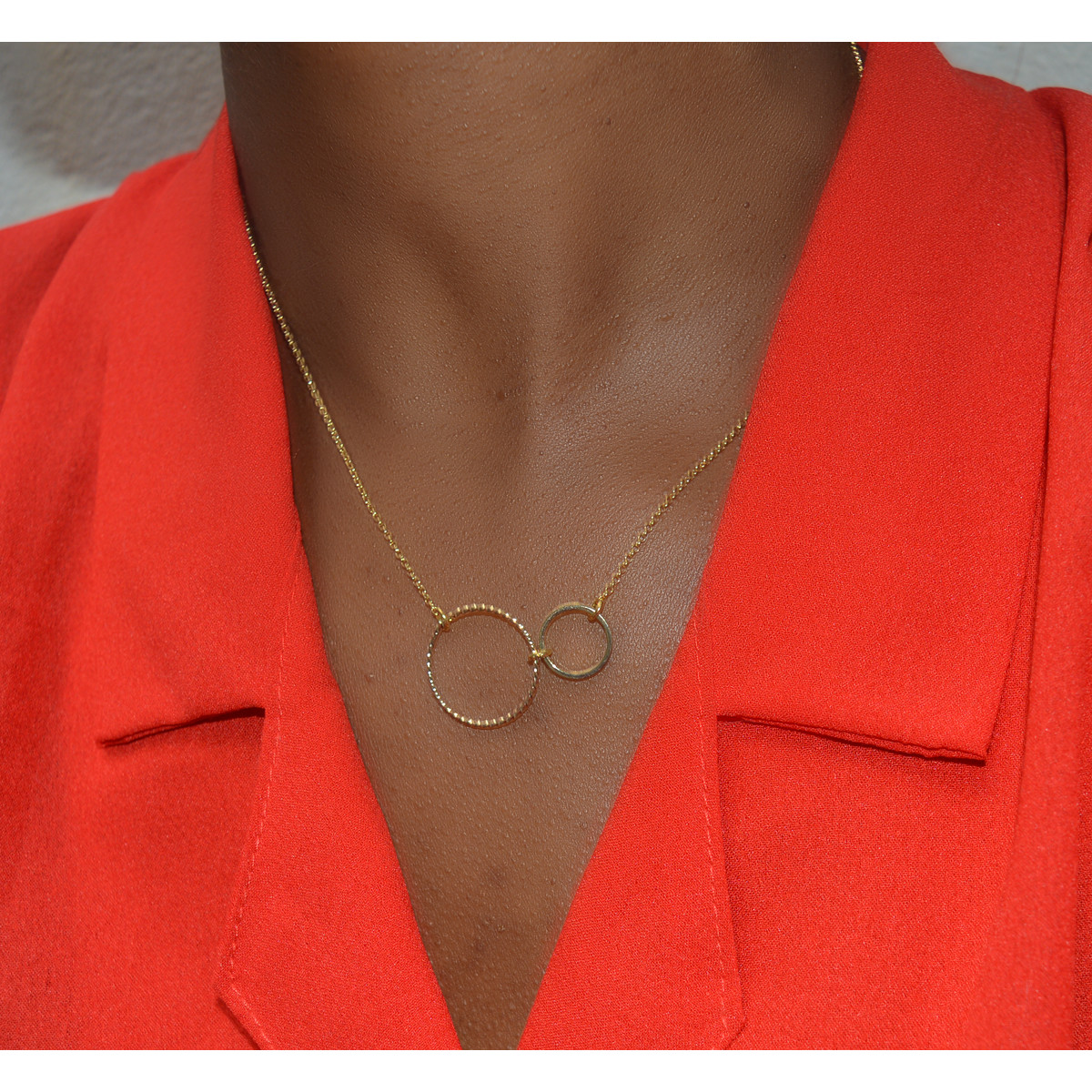 Collier  chaîne double anneaux -doré à l 'or fin
