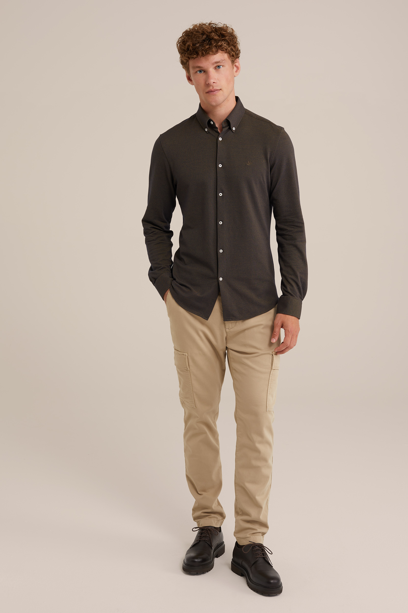 piquéjersey overhemd met stretch Fundamentals Bruin