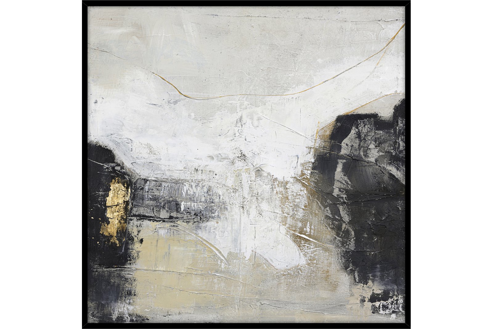 White Noir bilde Hvitt, sort og beige maleri, med sort ramme 100x100 cm