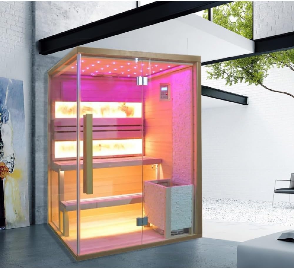 Bagno Italia Finnische Sauna 130 x 110 cm mit Radio-Ofen Bluetooth LED-Leuchten