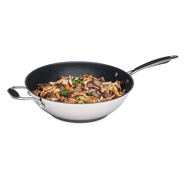 Lot wok inox antiadhérent et couvercle verre 30 cm Excell'Inox Mathon