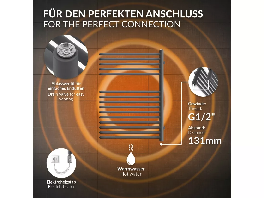 Radiateur mural porte-serviette 500x800mm anthracite acier + thermoplongeur 300W