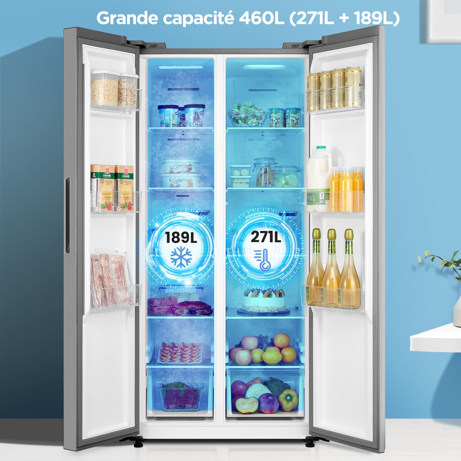 Comfee' RCS609IX2 Réfrigérateur-Congélateur Américan/No Frost/Compresseur Inverter/Hauteur 177,5 cm/460 L(271+189) de Réfrigération/Double contrôle/Su