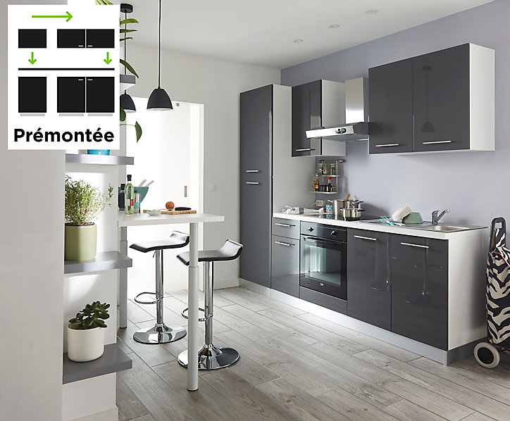 Cuisine complète pré-montée All in premium gris L.285 cm avec électroménager