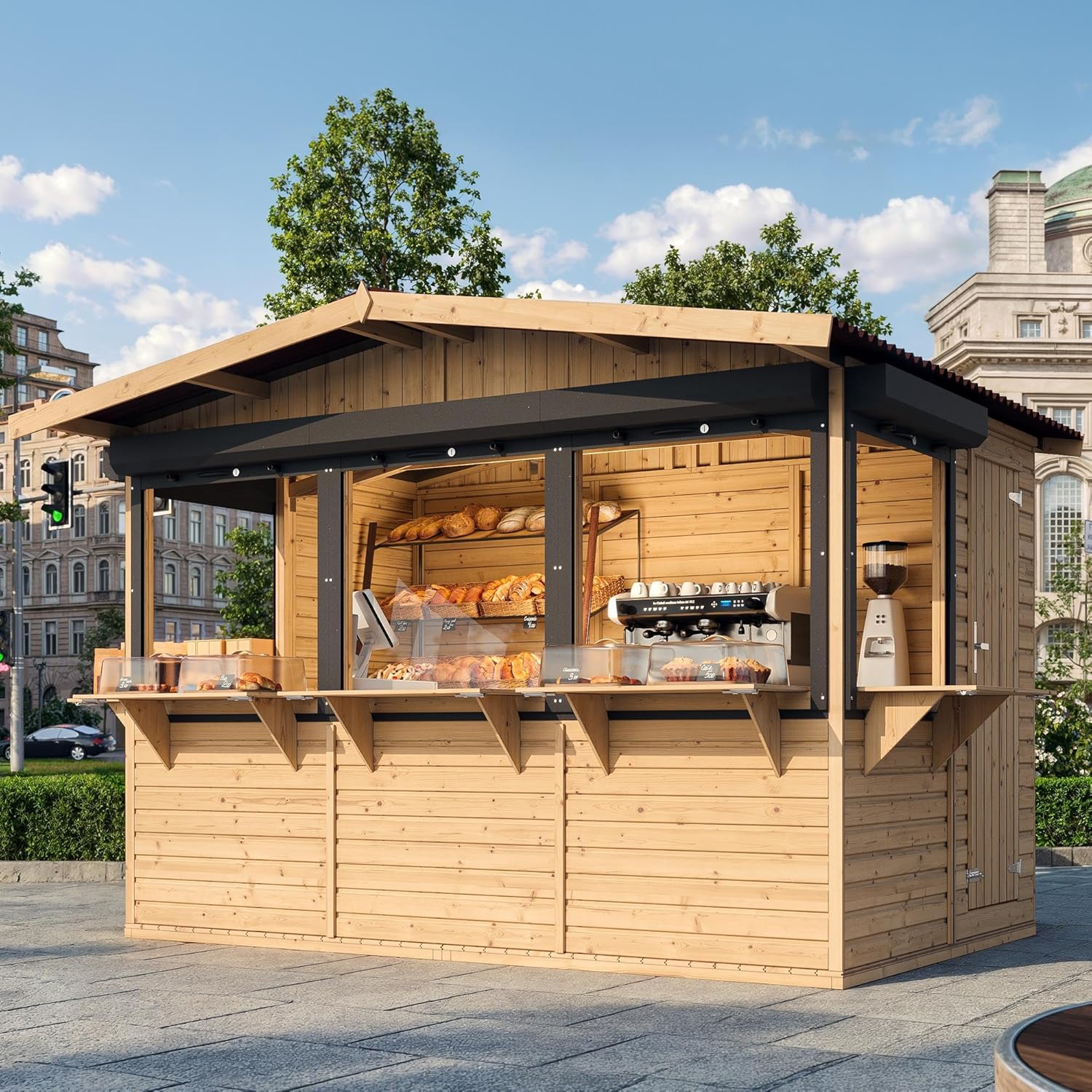 TIMBELA M150BZ Holz Gartenhaus, Marktbude Holz, Qualitäts Schiffslatten Kiefern Fichte Verkaufsstand Holzhaus mit Theke 26 x336 cm/6m², große multifunktionale Garten-Bar Verkaufshütte Verkaufsstände
