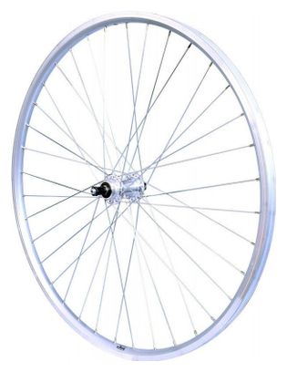ROUE 28  VTC ARRIERE JANTE ALU DOUBLE PAROI ARGENT FREIN PATIN MOYEU ALU BLOCAGE RAPIDE ROUE LIBRE.