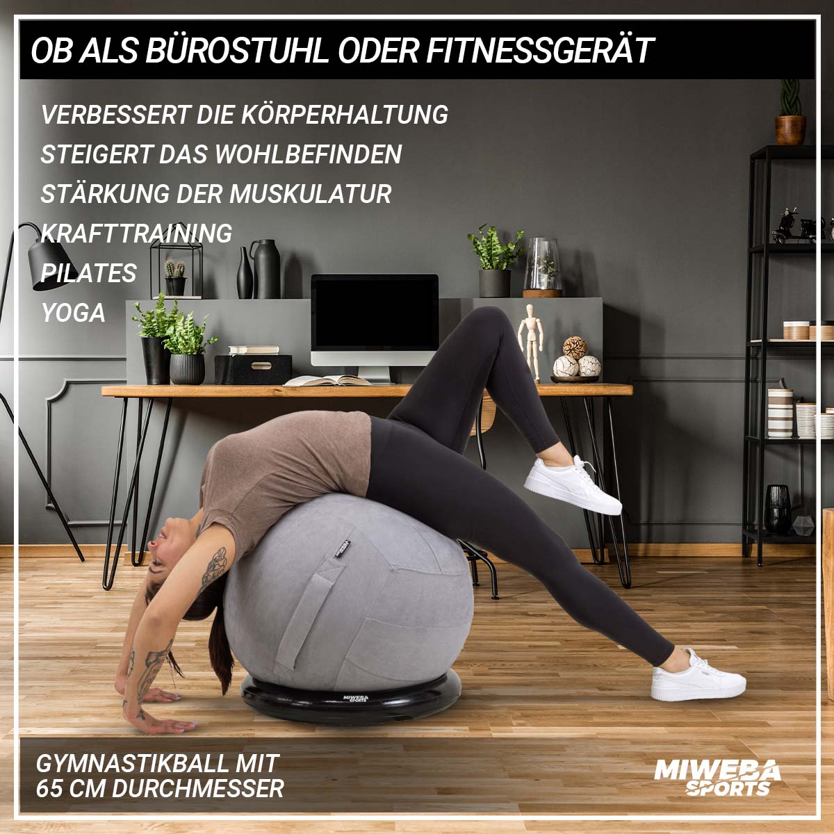 Miweba Sports 4in1-Gymnastikball-Set, Sitzball, 65 cm, Ballschale, Pumpe, Bezug, Schlingentrainer (Grau)