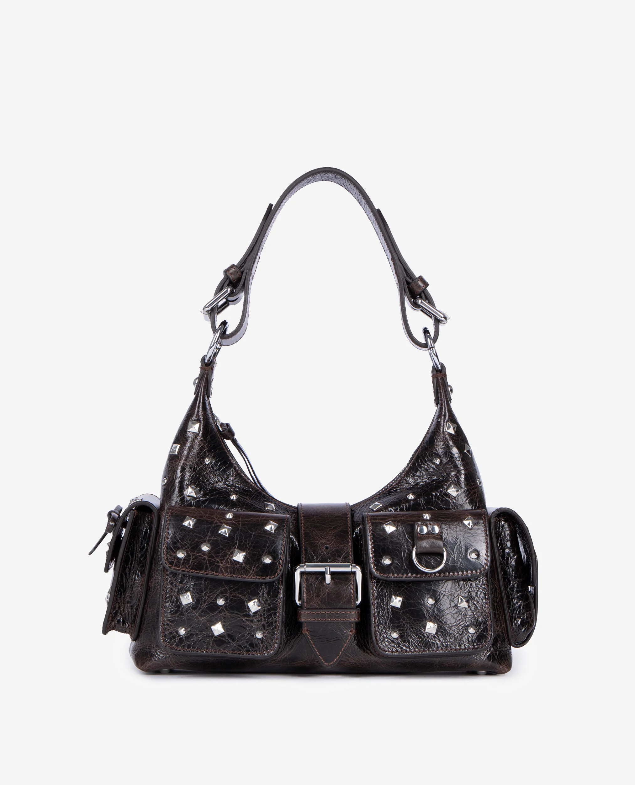 Sac Amelia clouté en cuir craquelé marron