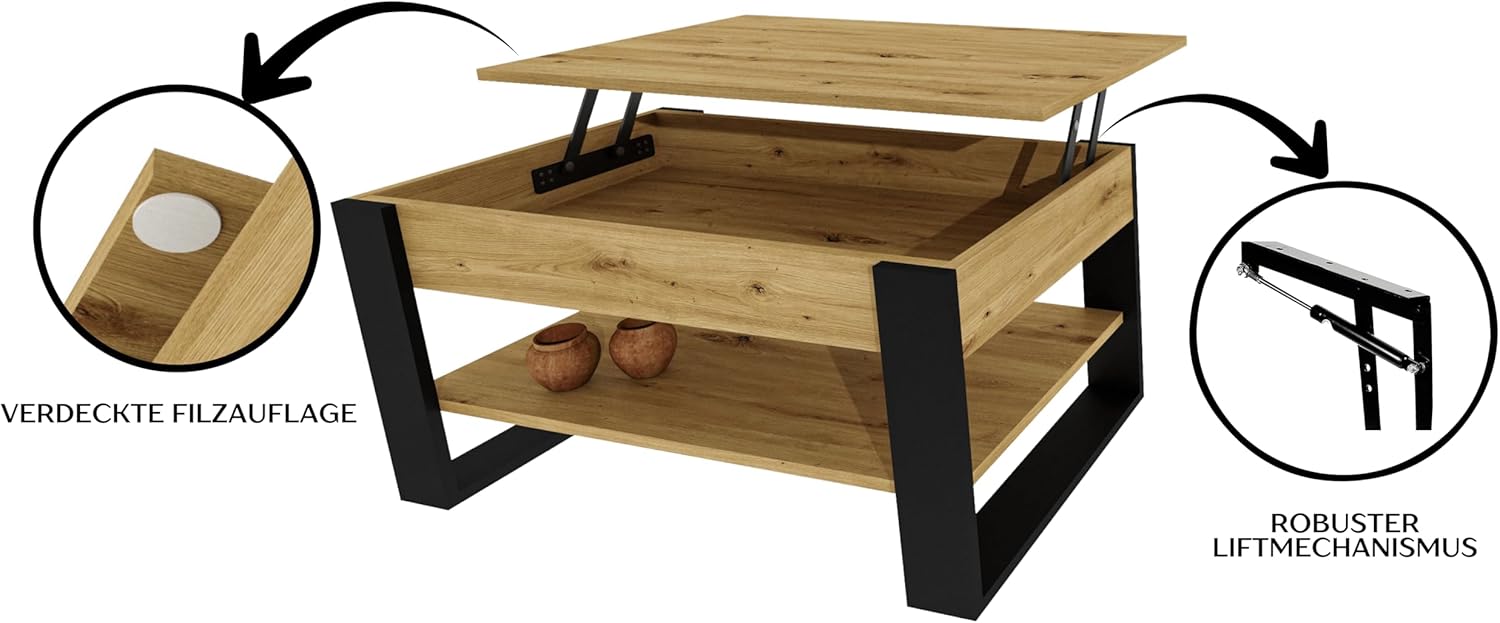 Couchtisch mit anhebbarer Platte | Höhenverstellbarer Wohnzimmertisch mit Stauraum | Sofatisch Eiche Artisan Schwarz modern mit Ablage & verstecktem Fach – Coffee Table für Wohnzimmer & Büro