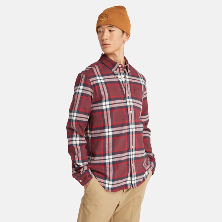 Camisa de flanela xadrez masculina em tons de vinho/vermelho/branco