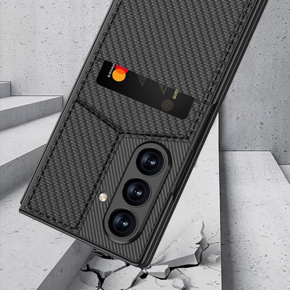 Samsung Galaxy Z Fold7 Hardcase Hülle mit Kartenfach   Leder Kickstand Aufsteller im Litchi Look - Schwarz