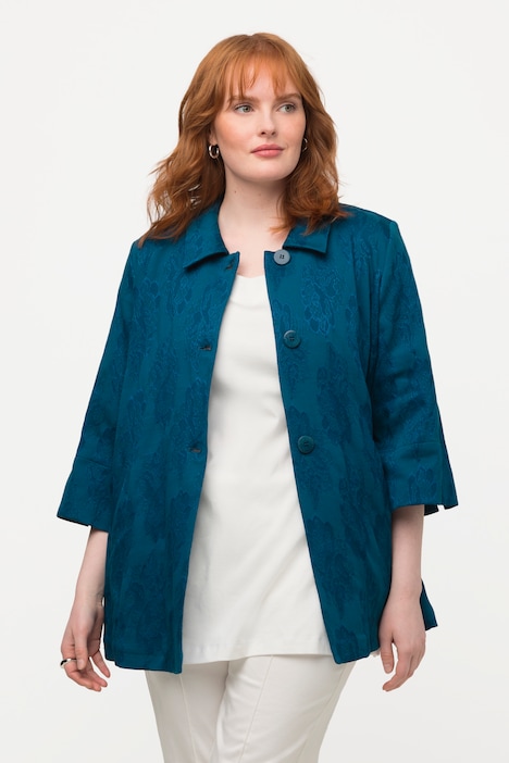 Jacquard-Jacke, Blüten, A-Linie, Hemdkragen, 3/4-Arm