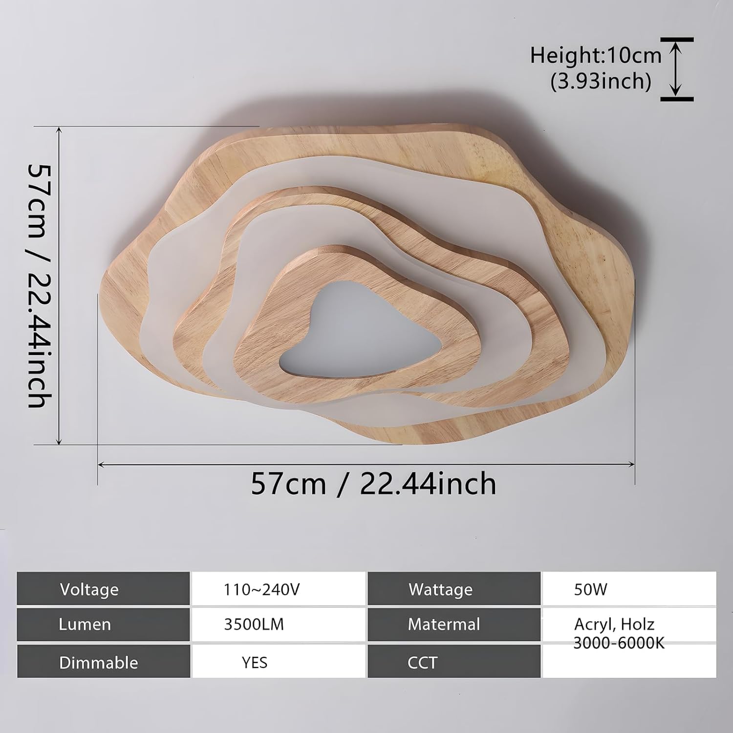 LED-Deckenleuchte Aus Holz | Ø57cm 50W 4300lm | 3000K-6000K Dimmbar Mit Fernbedienung, Moderne Wolkenlampe Aus Natürlichem Holz + Acryl, Wohnzimmer, Kinderzimmer, Küche, Esszimmer, Heimbüro
