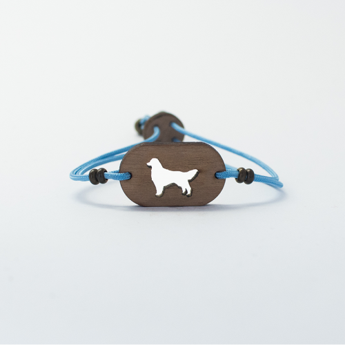 Pulseira de madeira personalizável com Golden Retriever, azul.