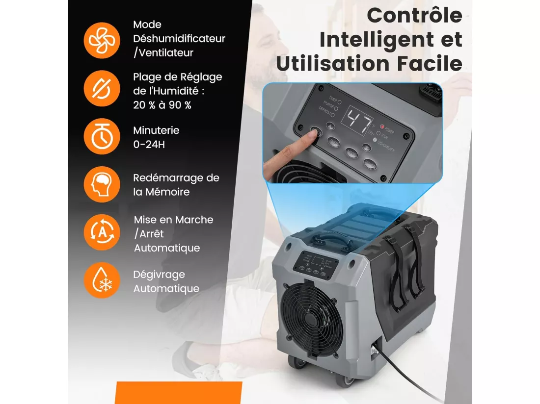 Déshumidificateur Commercial 85L/Jour, Déshumidificateur avec Pompe et Tuyau de Vidange Dégivrage Automatique 2 Roues et Poignée Rétractable, pour Vide Sanitaire Sous-sol (Noir)