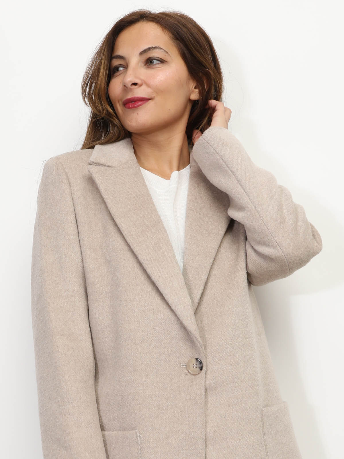 Manteau en laine à col revers- Beige