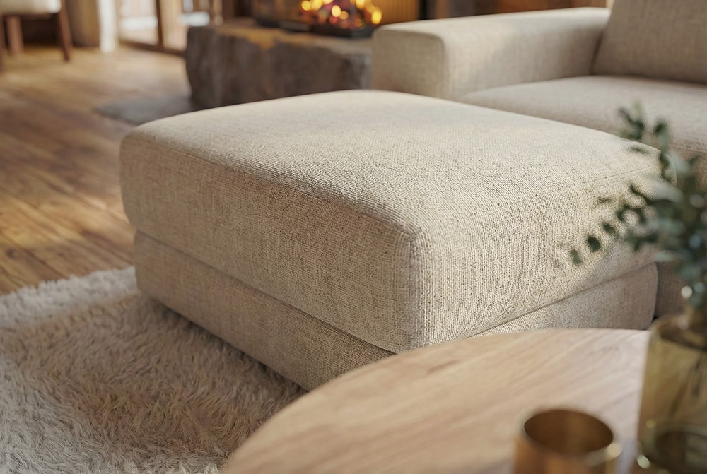 Moderner Hocker LOFT 75cm champagner beige Chenille Nosagfederung Taschenfederkern