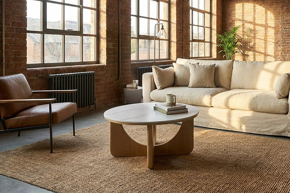 Runder Couchtisch ENSO 80cm weiß Marmor Keramik Eichenholz