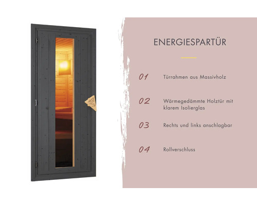 Karibu Talos 2 saunacabine zonder oven, houten deur en isolatieglas, terragrijs